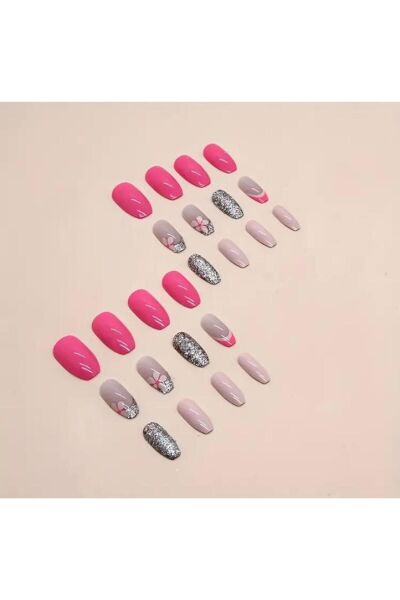 Vanilla Avenue Pembe Parlak Işıltılı Çiçek Detaylı Kendinden Yapışkanlı Takma Tırnak 24 Adet