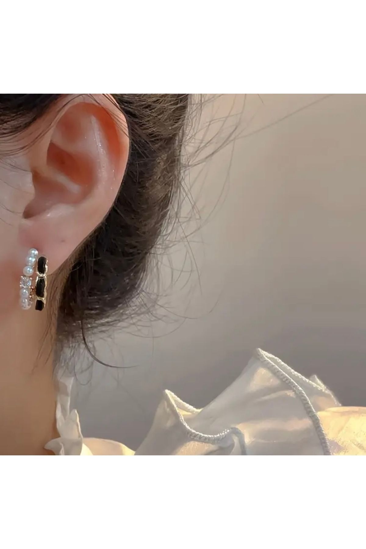 Moon Home Collection Siyah Lüks Kadife İnci Detaylı Halka Günlük Kullanım Kadın Küpe