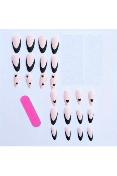 Vanilla Avenue Siyah Fransız Kesim Kalp Desenli Kendinden Yapışkanlı Takma Tırnak 24 Adet