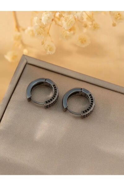 Vanilla Avenue Siyah Gri Trendy Hip Hop Circle Zirkon Taş Detaylı Halka Günlük Kadın Küpe