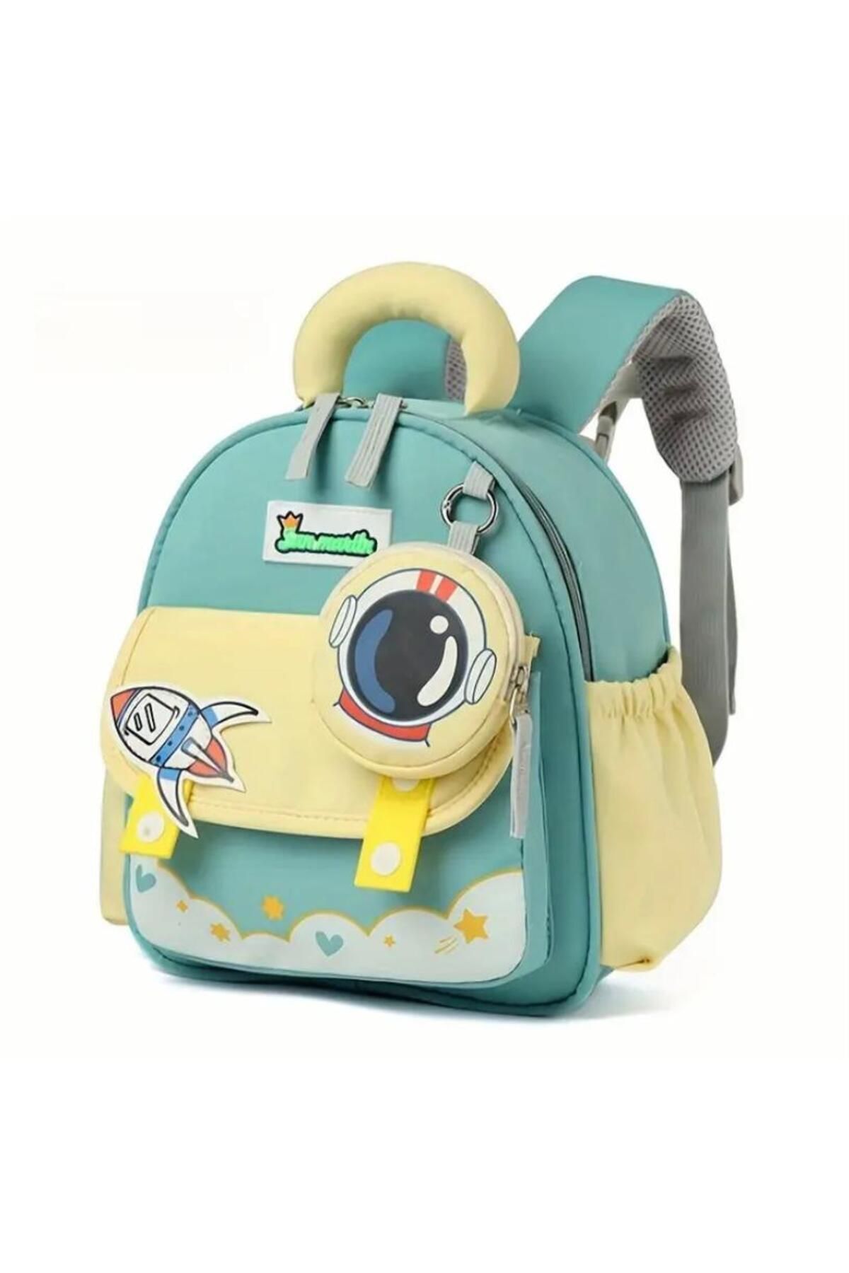 Vanilla Avenue Turkuaz Sarı Astronot Desenli Unisex Anaokulu Kreş Okul Öncesi Çocuk Sırt Çantası
