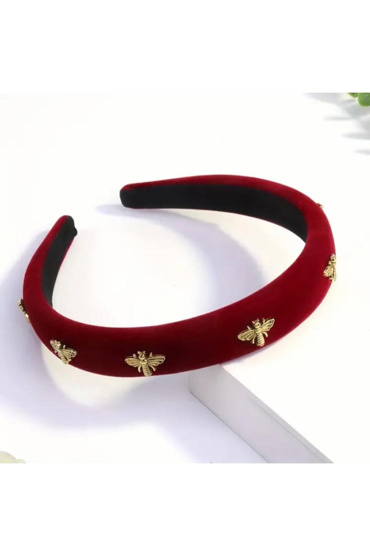 Moon Home Collection Bordo Şık Kadife Arı Desenli Kadın Taç