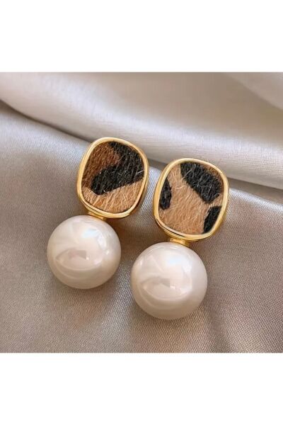 Moon Home Collection Geometrik Şık Leopar İnci Detaylı Sallantılı Kadın Küpe Beyaz Tek Ebat  Kadın / Kız