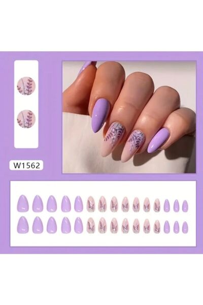 Moon Home Collection Badem Lila DesenliKendinden Yapışkanlı Takma Tırnak 24 Tırnak