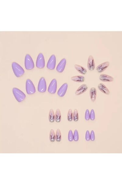 Moon Home Collection Badem Lila DesenliKendinden Yapışkanlı Takma Tırnak 24 Tırnak