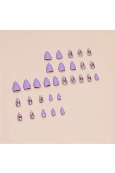 Moon Home Collection Badem Lila DesenliKendinden Yapışkanlı Takma Tırnak 24 Tırnak