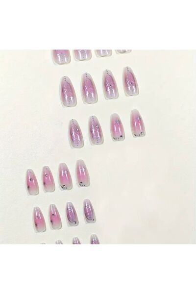 Vanilla Avenue Pembe Çizgili Işıltılı Kalp Detaylı Kendinden Yapışkanlı Takma Tırnak Seti 24 Adet