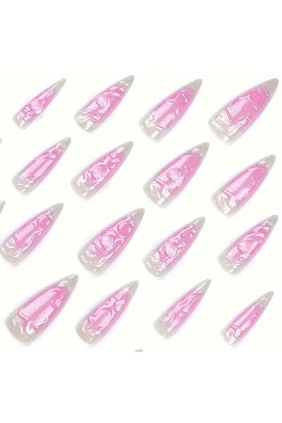 Vanilla Avenue Pembe Simli Kalp Detaylı Kendinden Yapışkanlı Takma Tırnak 24 Adet Pembe