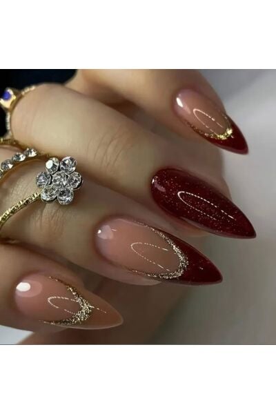 Vanilla Avenue Bordo Badem Kesim Glitter Simli Kendinden Yapışkanlı Takma Tırnak Seti 24 Adet
