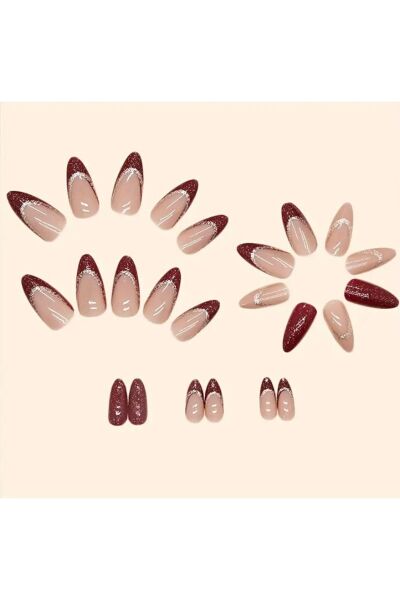 Vanilla Avenue Bordo Badem Kesim Glitter Simli Kendinden Yapışkanlı Takma Tırnak Seti 24 Adet