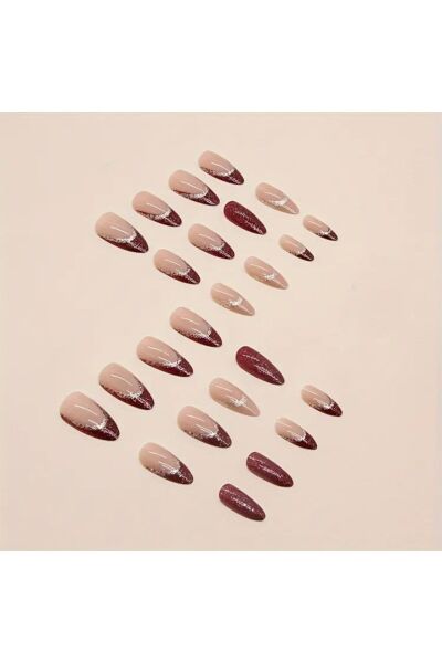 Vanilla Avenue Bordo Badem Kesim Glitter Simli Kendinden Yapışkanlı Takma Tırnak Seti 24 Adet