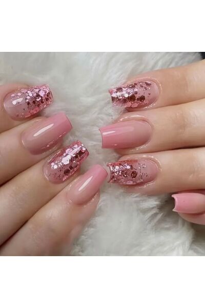 Vanilla Avenue Pembe Uzun Balerin Glitter Simli Kendinden Yapışkanlı Takma Tırnak Seti 24 Adet