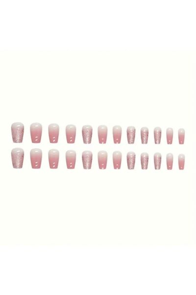 Vanilla Avenue Pembe Uzun Balerin Glitter Simli Kendinden Yapışkanlı Takma Tırnak Seti 24 Adet