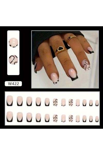 Vanilla Avenue Kare Siyah French Kalp Desenli Kendinden Yapışkanlı Takma Tırnak 24 Tırnak