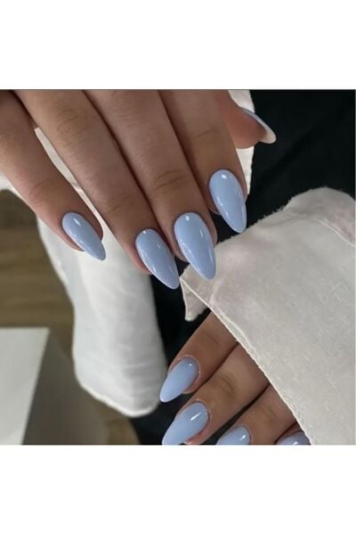Vanilla Avenue Bebe Mavisi Düz Badem Kesim Şık Kendinden Yapışkanlı Takma Tırnak Seti 24 Adet
