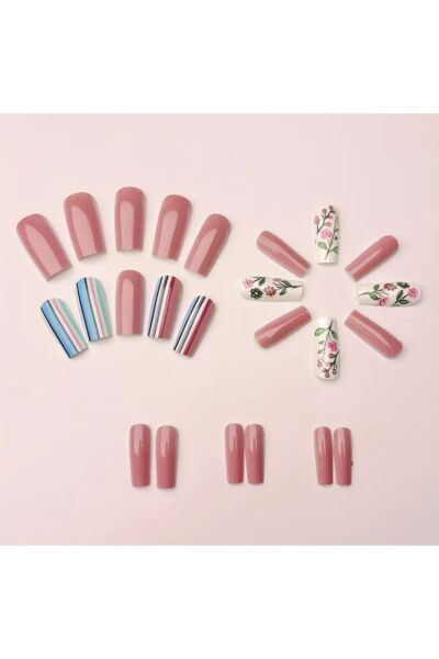 Vanilla Avenue Şık Çiçekli Çizgili Pembe Kendinden Yapışkanlı Takma Tırnak Seti 24 Adet