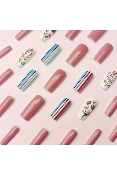 Vanilla Avenue Şık Çiçekli Çizgili Pembe Kendinden Yapışkanlı Takma Tırnak Seti 24 Adet
