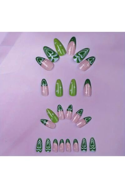 Vanilla Avenue Stiletto Yeşil Kalp Detaylı Kendinden Yapışkanlı Takma Tırnak 24 Tırnak