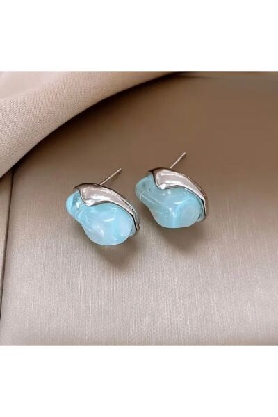 Moon Home Collection Vintage Esintili Nane Yeşili Gümüş Kenarlı Kadın Küpe Mavi Tek Ebat  Kadın / Kız