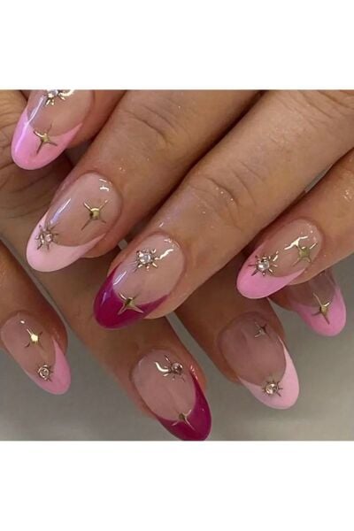 Vanilla Avenue Pembe Parlak Yıldız Taşlı Badem Kendinden Yapışkanlı Takma Tırnak Seti 24 Adet
