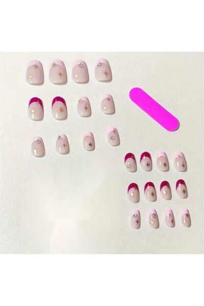 Vanilla Avenue Pembe Parlak Yıldız Taşlı Badem Kendinden Yapışkanlı Takma Tırnak Seti 24 Adet