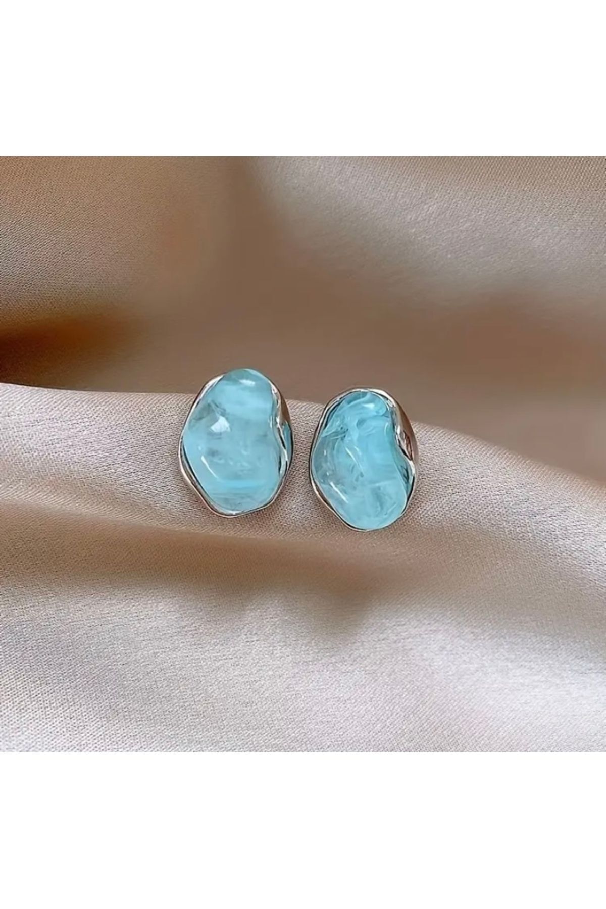 Moon Home Collection Vintage Esintili Nane Yeşili Gümüş Kenarlı Kadın Küpe Mavi Tek Ebat  Kadın / Kız