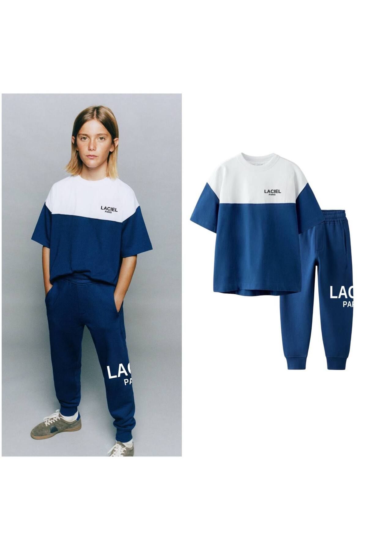 Moon Home Collection Lacivert Beyaz Erkek Alt Üst Çocuk Tişört ve Jogger Eşofman Seti