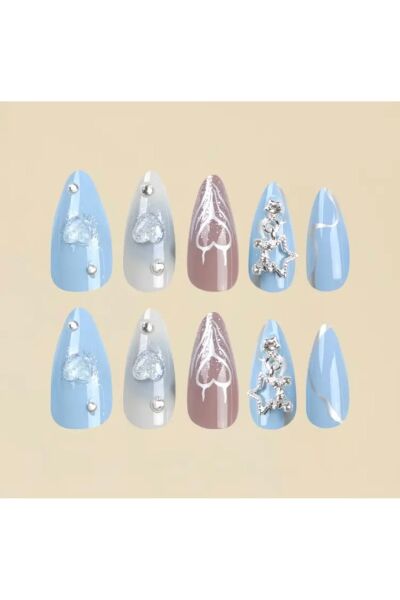 Vanilla Avenue Bebe Mavisi Yıldız ve Kalp Tasarımlı Kendinden Yapışkanlı Takma Tırnak Seti 24 Adet