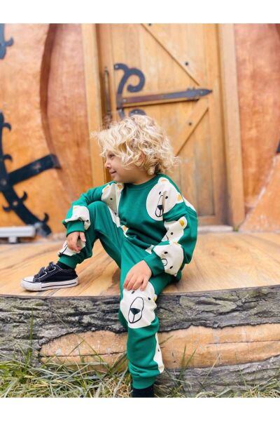 Yeşil Desenli Kışlık Pamuklu Sweatshirt Eşofman Alt-Üst Takım Unisex Çocuk
