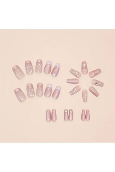 Vanilla Avenue Pembe Tonları Işıltılı Taşlı French Kendinden Yapışkanlı Takma Tırnak Seti 24 Adet