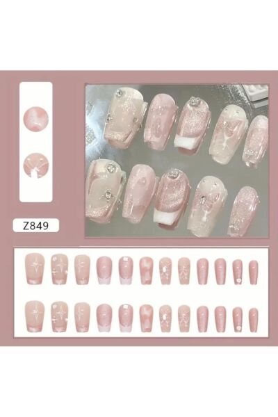 Vanilla Avenue Pembe Tonları Işıltılı Taşlı French Kendinden Yapışkanlı Takma Tırnak Seti 24 Adet