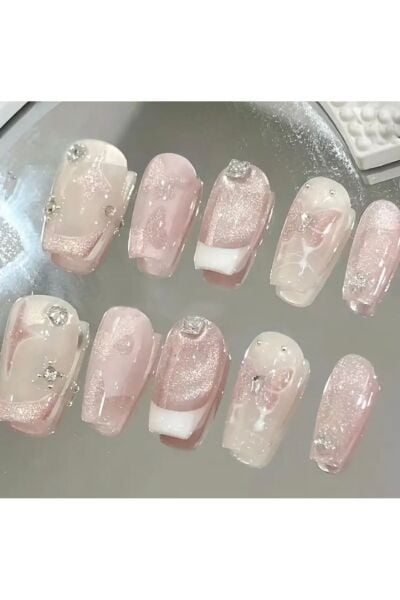 Vanilla Avenue Pembe Tonları Işıltılı Taşlı French Kendinden Yapışkanlı Takma Tırnak Seti 24 Adet