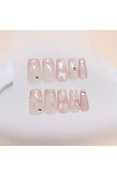 Vanilla Avenue Pembe Tonları Işıltılı Taşlı French Kendinden Yapışkanlı Takma Tırnak Seti 24 Adet