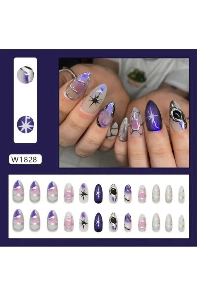 Vanilla Avenue Mor Tonlar Parlak Cool Tarz Starburst Kendinden Yapışkanlı Takma Tırnak Seti 24 Adet