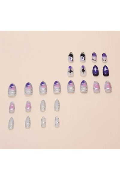 Vanilla Avenue Mor Tonlar Parlak Cool Tarz Starburst Kendinden Yapışkanlı Takma Tırnak Seti 24 Adet