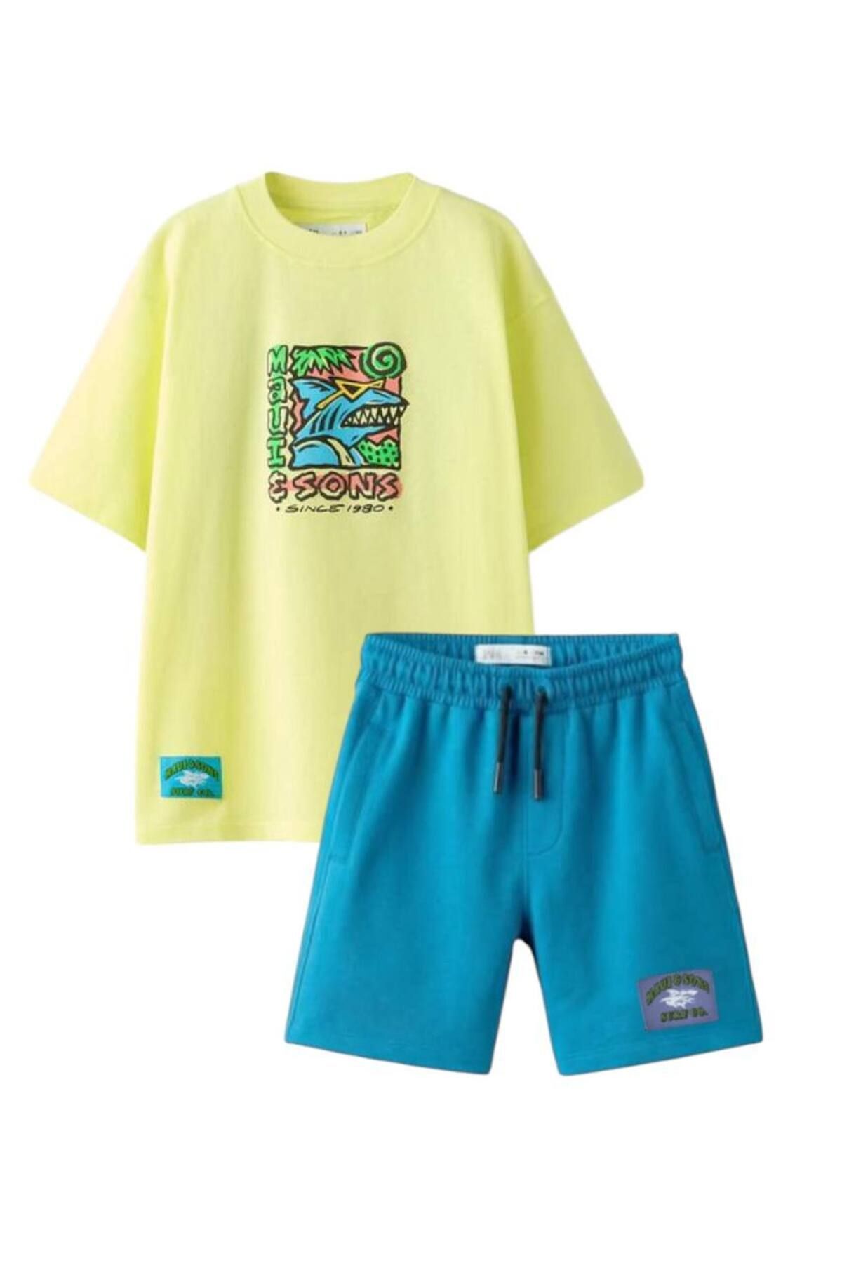 Vanilla Avenue Yeşil Neon Erkek Çocuk Baskılı Pamuklu Tişört Şort Alt-üst Takım