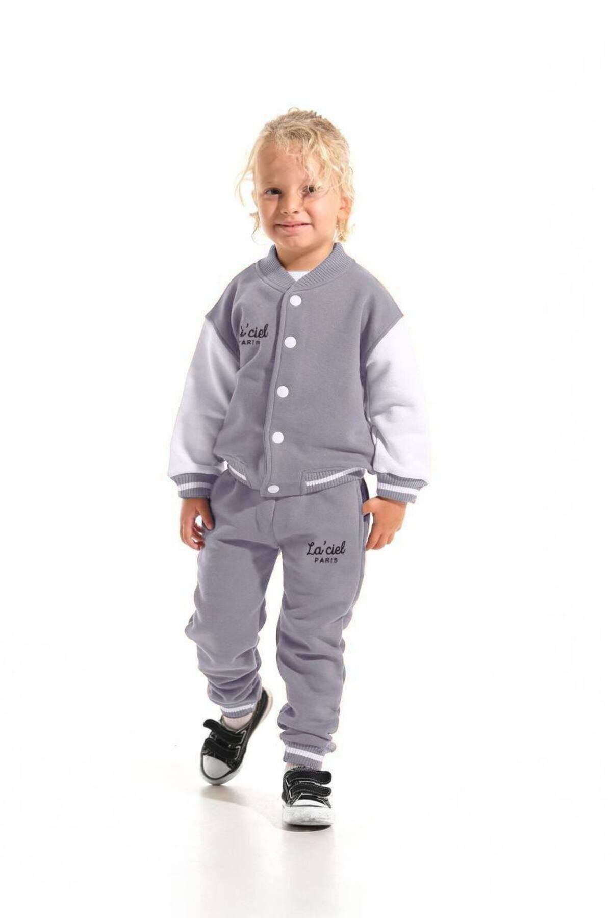 Gri Unisex Çocuk Kışlık 3 İplik Pamuklu Bomber Ceket Eşofman Alt-üst Takım