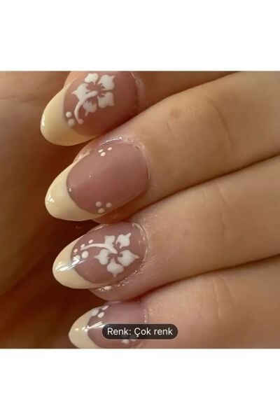Vanilla Avenue Sarı Çiçek Desenli Oval Kesim French Kendinden Yapışkanlı Takma Tırnak Seti 24 Adet