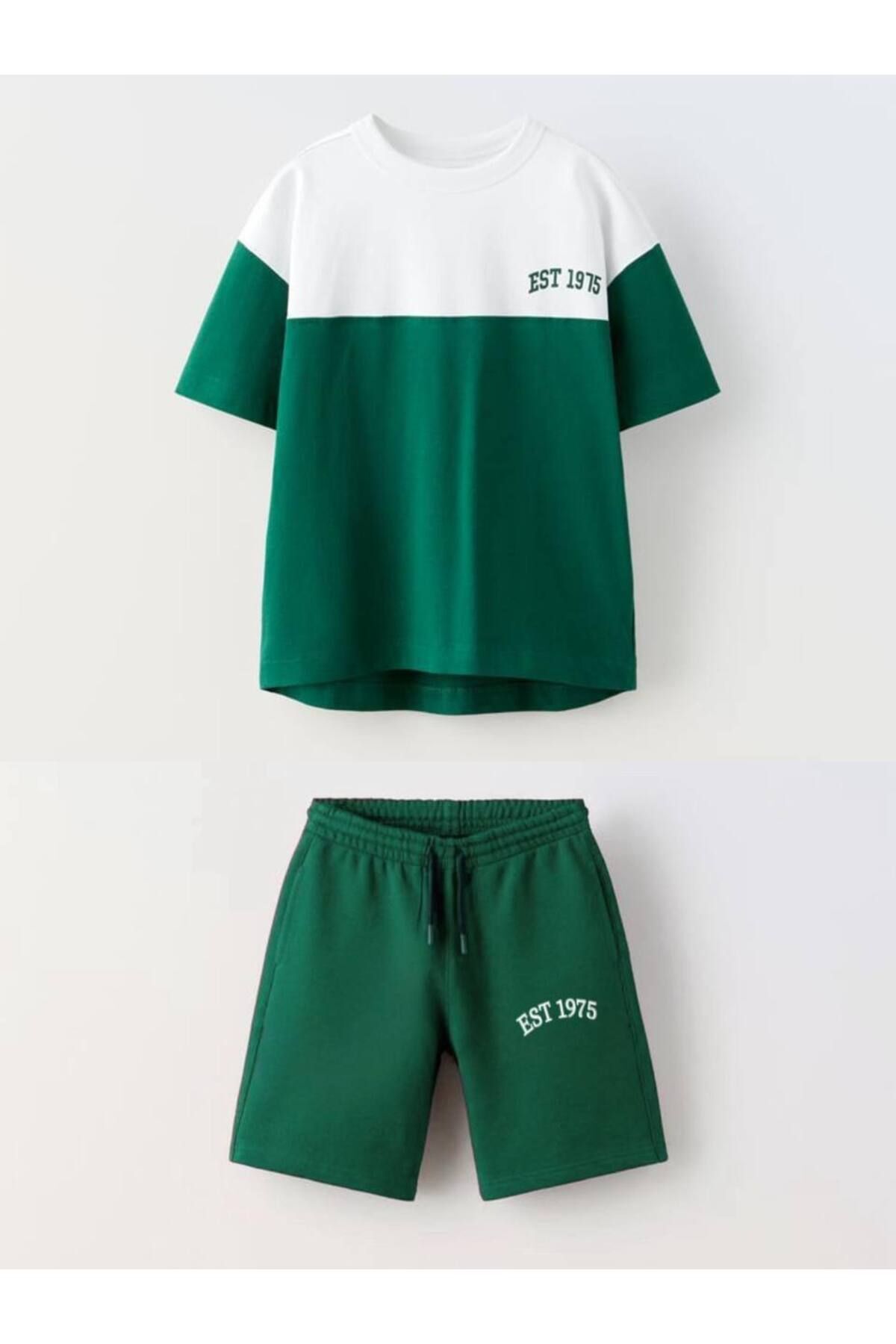 Vanilla Avenue Koyu Yeşil Est Erkek Çocuk Baskılı Pamuklu Tişört Şort Alt-üst Takım