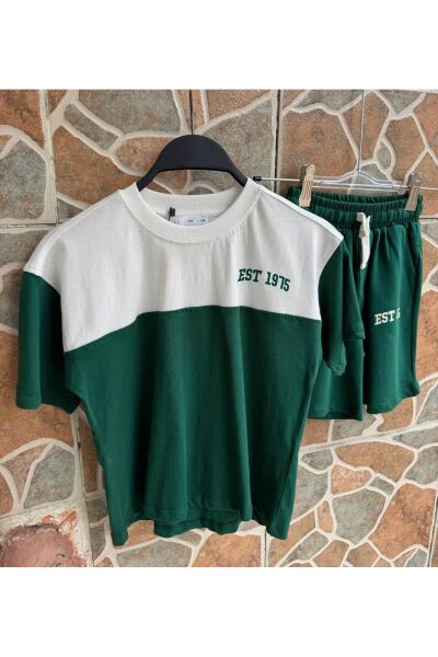 Vanilla Avenue Koyu Yeşil Est Erkek Çocuk Baskılı Pamuklu Tişört Şort Alt-üst Takım