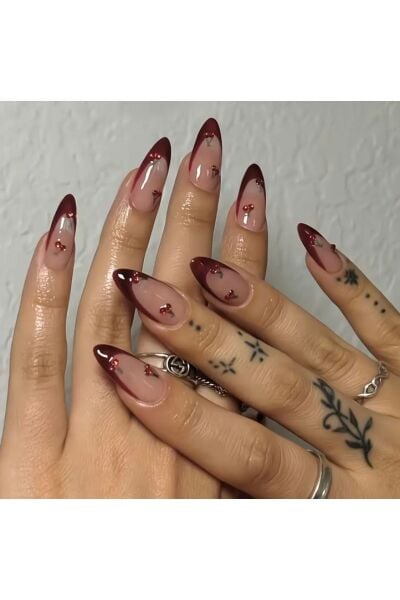 Vanilla Avenue Bordo Kiraz Desenli Badem French Kendinden Yapışkanlı Takma Tırnak Seti 24 Adet