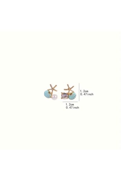 Moon Home Collection Şık Vintage Esintili Deniz Kabuğu ve Yıldızı İnci Detaylı Işıltılı Kadın Küpe Mavi Tek Ebat  Kadın / Kız