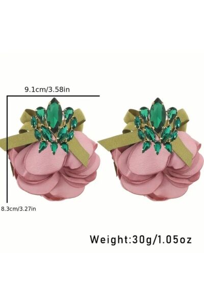 Vanilla Avenue Bohem Şık Yeşil Taşlı Kurdele Detaylı Pembe Çiçekli Sallantılı Kadın Küpe