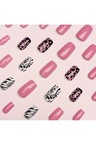 Vanilla Avenue Siyah Pembe Leopar Desenli Kendinden Yapışkanlı Takma Tırnak Seti 24 Adet