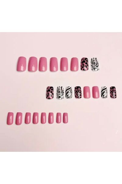 Vanilla Avenue Siyah Pembe Leopar Desenli Kendinden Yapışkanlı Takma Tırnak Seti 24 Adet