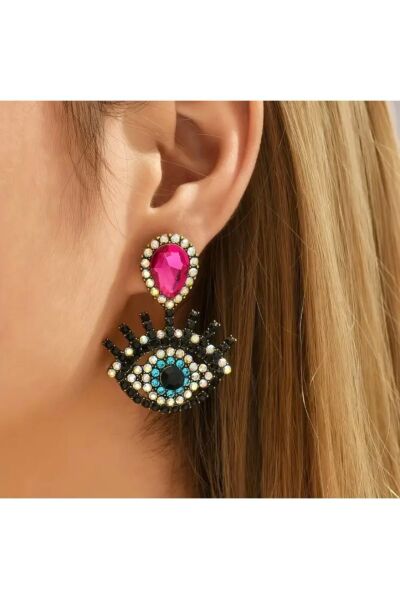 Moon Home Collection Göz Tasarımı Fuşya Taşlı Zarif Tarz Parti Wear Kadın Küpe