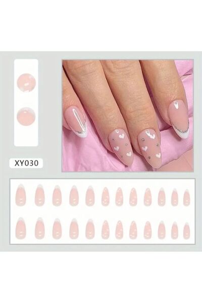 Vanilla Avenue Pembe Kalp Desenli French Kendinden Yapışkanlı Takma Tırnak Seti 24 Adet