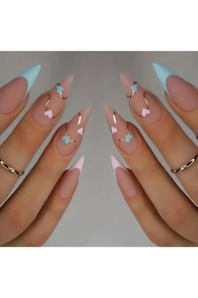 Vanilla Avenue Stiletto Mavi Pembe Kalp Desenli Kendinden Yapışkanlı Takma Tırnak Seti 24 Adet