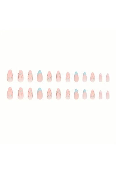 Vanilla Avenue Stiletto Mavi Pembe Kalp Desenli Kendinden Yapışkanlı Takma Tırnak Seti 24 Adet