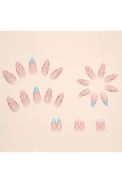 Vanilla Avenue Stiletto Mavi Pembe Kalp Desenli Kendinden Yapışkanlı Takma Tırnak Seti 24 Adet